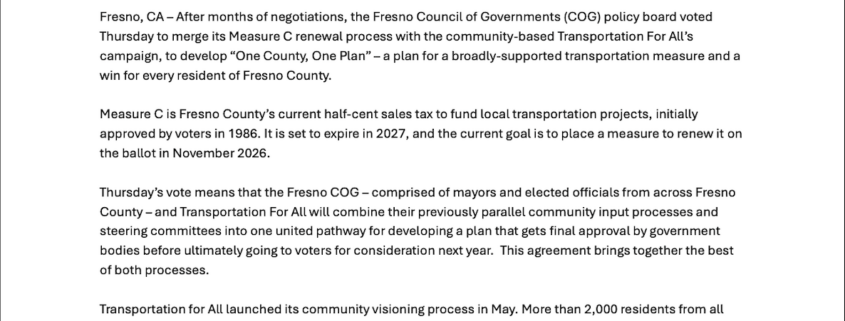 Fresno Council of Governments and Transportation for All Coalition Reach Historic Agreement to 'Move Forward Together' For Fresno County's Transportation Future